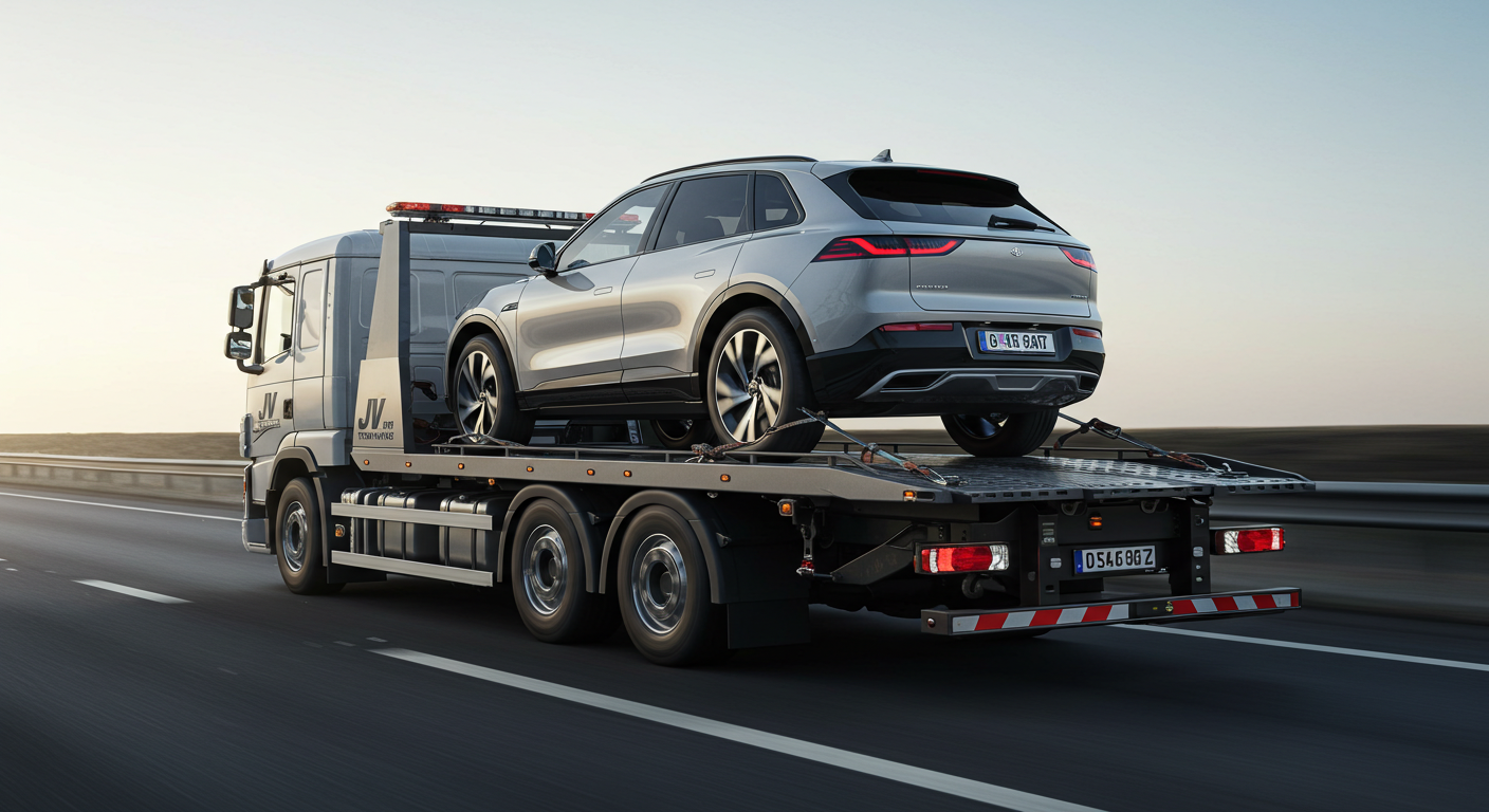JV Towing flatbed truck safely transporting luxury vehicle in Massachusetts