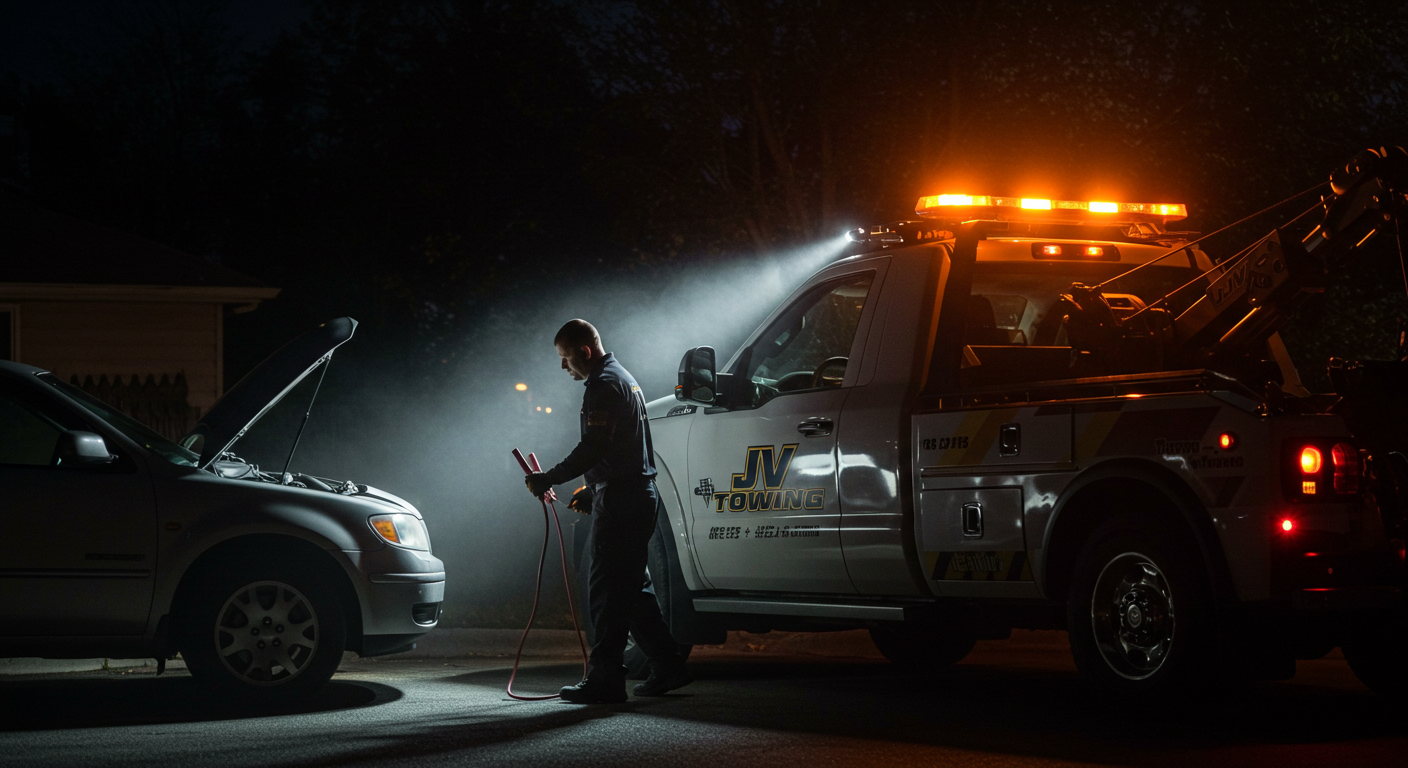 JV Towing 24-hour emergency battery jump start service at night