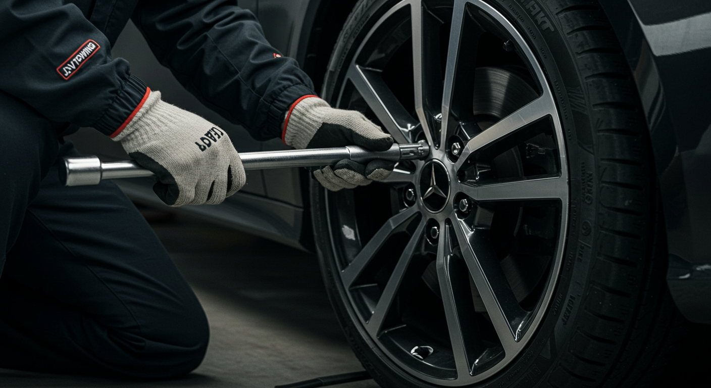 JV Towing technician providing emergency roadside assistance tire change service
