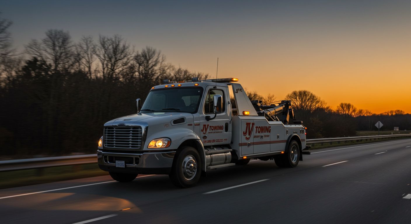 JV Towing flatbed truck at dusk